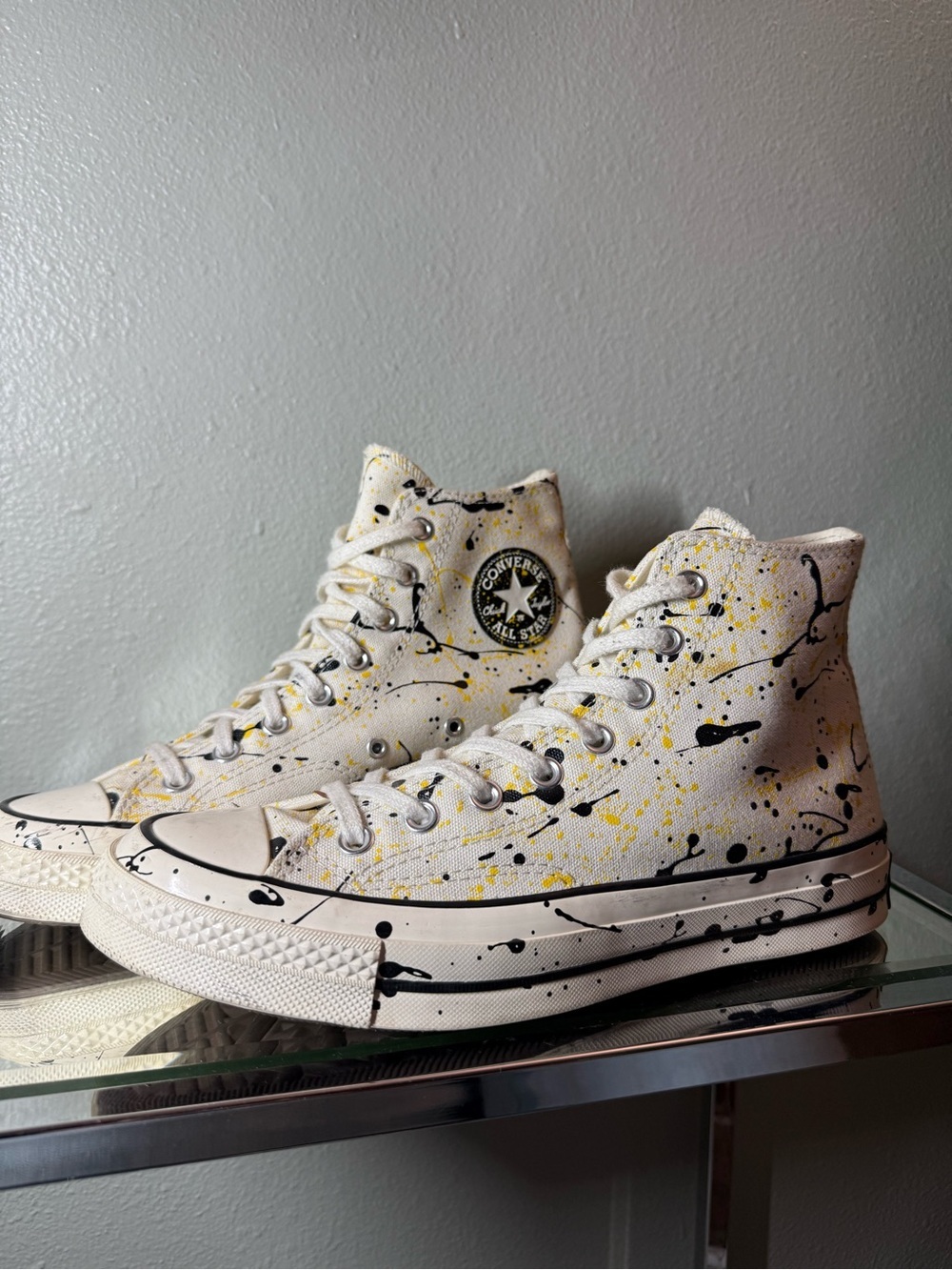 Converse Chuck 70 High Top Paint Splatter Sneakers White Black Yellow Women’s 10 - Picture 3 of 7